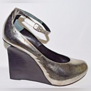 GEORGINA GOODMAN 7 M 37.5 SILVER LEATHER WEDGE HEEL PLATFORM ANKLE STRAP SHOES